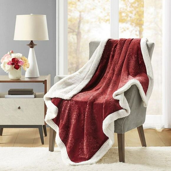 MARTHA STEWART COLLECTION Classic Textured Reversible Sherpa Throw, Red - Picture 1 of 1